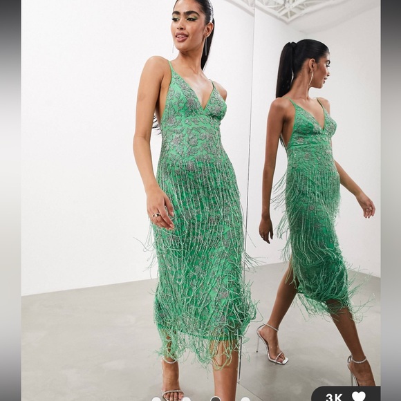 ASOS EDITION floral midi dress with beaded fringe in green SIZE 14 - Picture 2 of 11